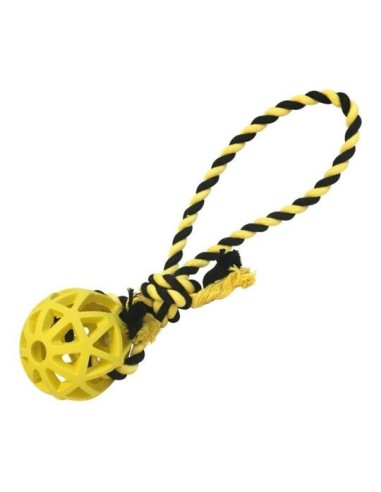 Jouet chien caoutchouc balle creuse 7cm avec corde 30cm