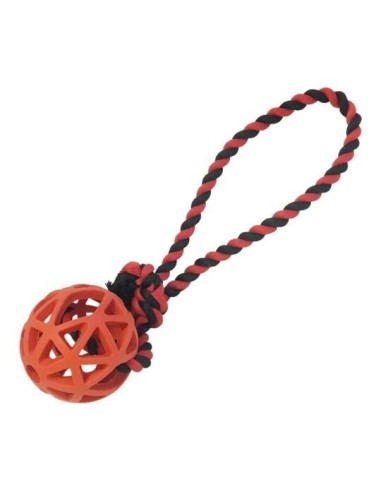 Jouet chien caoutchouc balle creuse 7cm avec corde 30cm