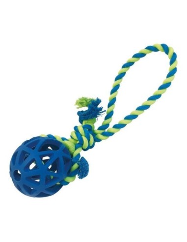 Jouet chien caoutchouc balle creuse 7cm avec corde 30cm
