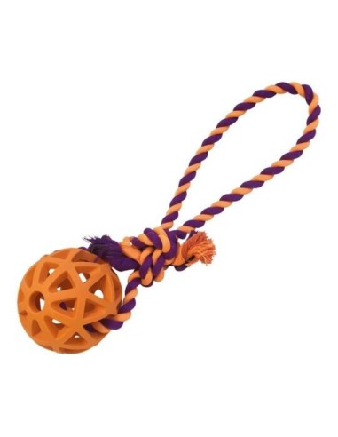 Jouet chien caoutchouc balle creuse 7cm avec corde 30cm