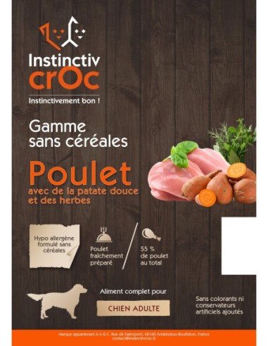 Croquettes sans céréales au poulet pour chien - INSTINCTIV CROC