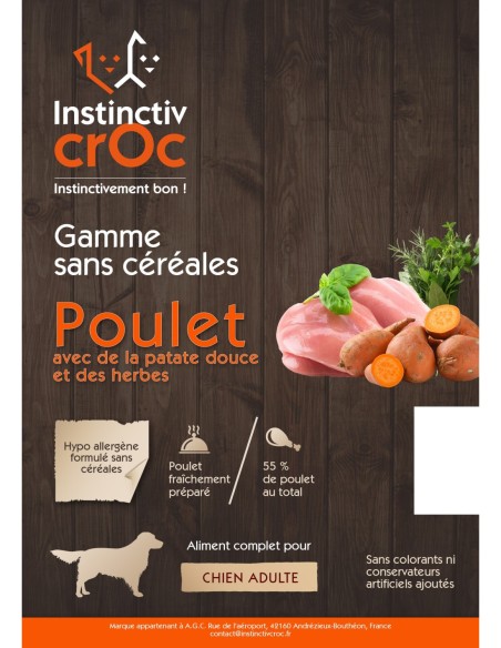 Croquettes sans céréales au poulet pour chien - INSTINCTIV CROC