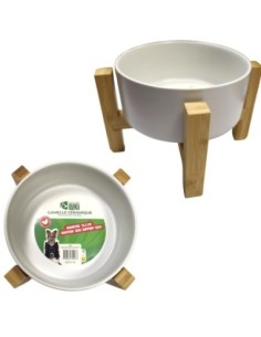 Gamelle en céramique blanche réhaussée avec un support en bois de bambou - Mon Ami Luki