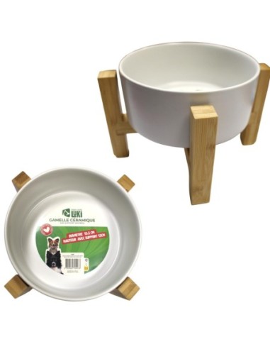 Gamelle en céramique blanche réhaussée avec un support en bois de bambou - Mon Ami Luki