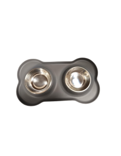 Tapis en silicone anti-dérapant gris avec 2 gamelles en inox intégrées - Mon Ami Luki