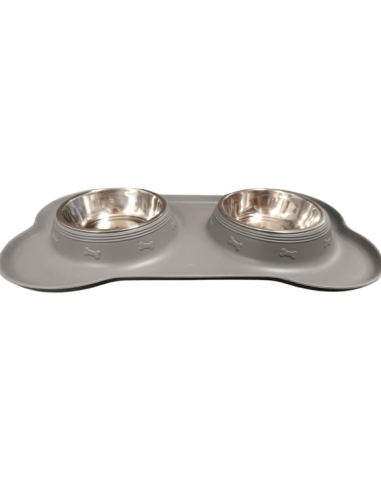Tapis en silicone anti-dérapant gris avec 2 gamelles en inox intégrées - Mon Ami Luki