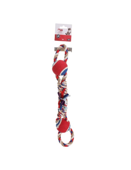 JOUET CORDE FORME OS AVEC BALLE BLEU BLANC ROUGE 42 CM - pour chien