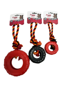 JOUET CAOUTCHOUC ROUE ET CORDE ORANGE ET NOIR - pour chien