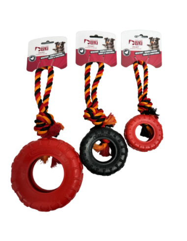 JOUET CAOUTCHOUC ROUE ET CORDE ORANGE ET NOIR - pour chien