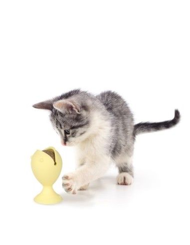 Distributeur jaune de friandises/catnip pour chat sur ventouse Puffi