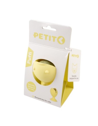 Distributeur jaune de friandises/catnip pour chat sur ventouse Puffi
