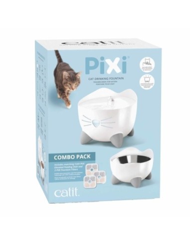 Coffret PIXI combo: fontaine à eau + gamelle en acier inoxydable pour chat - coloris blanc