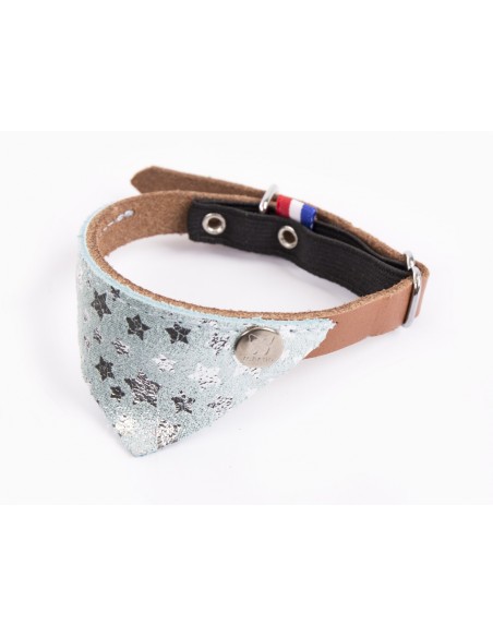 COLLIER CHAT MIAMI 30 BLEU/COGNAC AVEC BANDANA CUIR