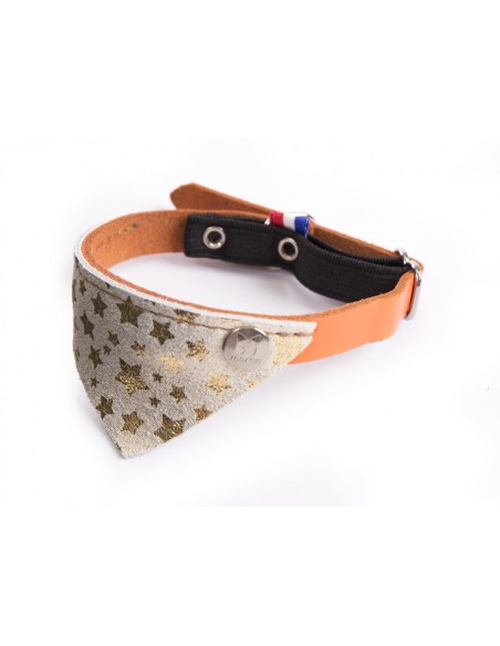 COLLIER CHAT MIAMI 30 DORE/ORANGE AVEC BANDANA CUIR