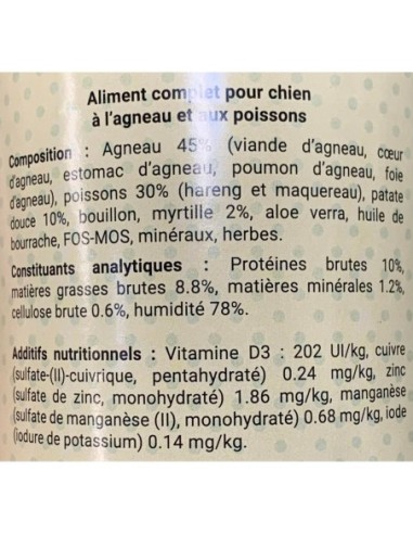 Boite patée sans céréales agneau et poisson WOLFOOD - Nourriture humide pour chien