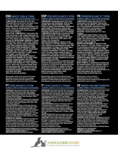 Croquettes chat stérilisé super premium poisson blanc & thon 1,5 kg – contrôle du poids, sans OGM, système urinaire