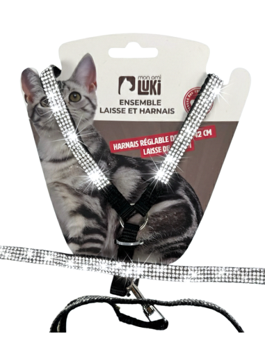 LAISSE ET HARNAIS CHAT GAROT 31-42 LAISSE 120CM NOIR ET STRASS