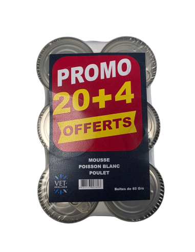 Mousse pour chats poisson blanc et poulet - lot de 24 boites dont 4 gratuites