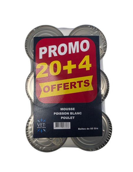 Mousse pour chats poisson blanc et poulet - lot de 24 boites dont 4 gratuites