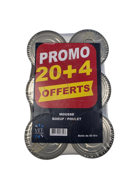 Mousse pour chats au bœuf et poulet - lot de 24 boites dont 4 gratuites